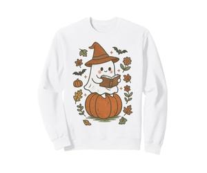 Cozy Fall Ghost Reading on Pumpkin Retro Halloween Vibes Felpa