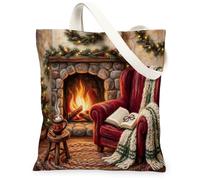 Cozy Fireplace - Borsa in tela, motivo natalizio, 33 x 38 cm