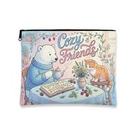 Cozy Friends - Trousse da viaggio per cosmetici, con simpatico orso e gatto, da donna, piccola borsa portatile in tela con cerniera, borsa per la cura della pelle stagionale primaverile, Pastello
