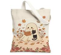 Cozy Ghost and Cat Autumn Illustration Canvas Tote Bag 33 x 38 cm