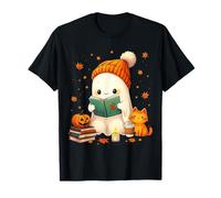 Cozy Ghost Bookworm Cat Pumpkin Libri Carini per Halloween Maglietta