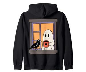 Cozy Ghost Coffee Crow Window Halloween Spooky Season Felpa con Cappuccio