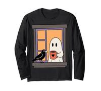 Cozy Ghost Coffee Crow Window Halloween Spooky Season Maglia a Manica