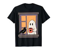 Cozy Ghost Coffee Crow Window Halloween Spooky Season Maglietta