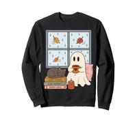 Cozy Ghost Rainy Day Reading Cat Coffee Lover Halloween Felpa