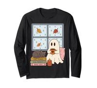 Cozy Ghost Rainy Day Reading Cat Coffee Lover Halloween Maglia a Manica