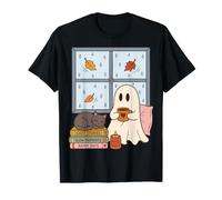 Cozy Ghost Rainy Day Reading Cat Coffee Lover Halloween Maglietta