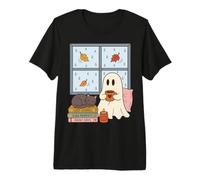 Cozy Ghost Rainy Day Reading Cat Coffee Lover Halloween Maglietta Premium
