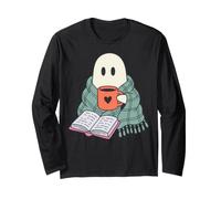 Cozy Ghost Reading Book Coffee Lover Bookish Spooky Season Maglia a Manica