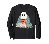Cozy Ghost Reading Book Coffee Lover Bookish Spooky Season Maglia a Manica