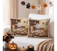 Cozy Ghost Reading in Library - Set di 2 federe per cuscino, 35,5 x 35,5 cm | Scena vintage della biblioteca, federe per cuscini, illustrazione fantasiosa fantasma, accenti per la casa autunnale