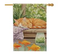 Cozy Ginger Cat Garden Flag, arancione brillante gatto che dorme con pesci banner decorazione per la casa, bandiera da cortile su entrambi i lati per primavera estate decorazione esterna 71 x 101 cm