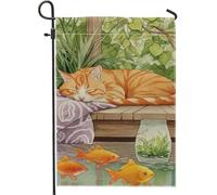 Cozy Ginger Cat Garden Flag, arancione brillante gatto che dorme con pesci striscione decorativo per la casa, bandiera da cortile su entrambi i lati per primavera estate decorazione esterna 30,5 x