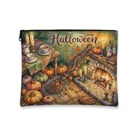 Cozy Halloween Pumpkins Camino Illustrazione Makeup Bag, Arancione, 7x9