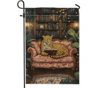Cozy Jungle Leopard - Bandiera da giardino multicolore con gatto che legge la casa, bandiera double-face per esterni, decorazione per la casa e il prato, decorazione stagionale a tema animale, 30,5 x