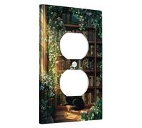 Cozy Library - Coperture per interruttori della luce, mensole verdi con libri e gatto per decorazioni domestiche, piastre da parete in plastica, prese duplex singole di dimensioni standard