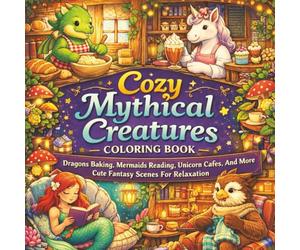 Cozy Mythical Creatures Coloring Book: Dragons Baking, Mermaids Reading, Unicorn Cafes, And More Cute Fantasy Scenes For Relaxation