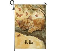Cozy Orange Cat Garden Flag, Autumn Fall Kitty Decor Banner, double face juta prato bandiera all'aperto decorazione della casa tema farfalla 30,5 x 45,7 cm