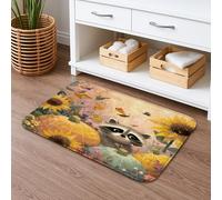 Cozy Raccoon Spring Floral Quick Dry Bath Mat, Cute Animal Girasole Tappetino da doccia antiscivolo, vivace flanella lavabile, tappeto da bagno per la decorazione del bagno 50 x 81 cm