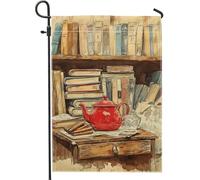 Cozy Red Teiera Bandiera da Giardino, Vintage Book Shelf Home Decor Banner, Double Face Juta Yard Bandiera Autunno Decorazione Esterna 30,5 x 45,7 cm