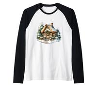 Cozy Snowy Cottage con Ghirlanda di Natale Maglia con Maniche Raglan