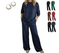 Cozy Travel Crew Neck Shiny Sweatshirt and Pant 2 Piece Lounge Sets, Womens Sparkly Glitter Sweatsuit Travel Outfits (Navy,S)
