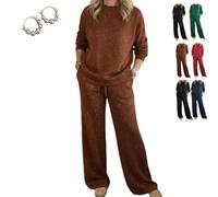 Cozy Travel Crew Neck Shiny Sweatshirt and Pant 2 Piece Lounge Sets, Womens Sparkly Glitter Sweatsuit Travel Outfits (Brown,S)
