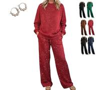 Cozy Travel Crew Neck Shiny Sweatshirt and Pant 2 Piece Lounge Sets, Womens Sparkly Glitter Sweatsuit Travel Outfits (Red,S)