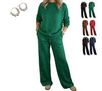 Cozy Travel Crew Neck Shiny Sweatshirt and Pant 2 Piece Lounge Sets, Womens Sparkly Glitter Sweatsuit Travel Outfits (Green,XL)