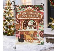 Cozy Winter Animals Hot Cocoa Gingerbread House Garden Flag 30,5 x 45,7 cm | Decorazione invernale per esterni, bandiera del prato, motivo pupazzo di neve, tema amici animali, illustrazione di cacao