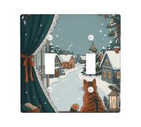 Cozy Winter Cat Window View Tabby Christmas doppio interruttore luce | Gatto soriano che osserva il paesaggio innevato, paesaggio del villaggio invernale, accogliente vista interna