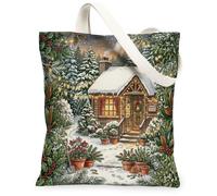 Cozy Winter Cottage Scene Christmas Canvas Tote Bag 33 x 38 cm
