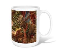 Cozy Winter Moose Holiday Scene Christmas Tazza da caffè in ceramica 425,2 | Accogliente atmosfera da cabina, tazza per bere, decorazione invernale per le vacanze, fantasiosa arte della fauna selvatica
