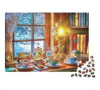 Cozy Winter Tea Time Challenging Adult Jigsaws: Cozy Tea Party by Window Educational Games Suitable for Decompression & Wall Decor 38x26cm/1000pcs