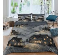 Cozy winter villageSet Di Copripiumino microfibra morbida 3 Pezzi stampa 3D con cerniera Traditional folk art copripiumino incluso federe aiosa ultra morbido for coppie Single（140x200cm）