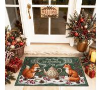 Cozy Woodland Foxes Tea Party - Zerbino con citazione invernale di | Fantasioso tema foresta, zerbino, decorazione animali del bosco, citazione accogliente dell'ora del tè