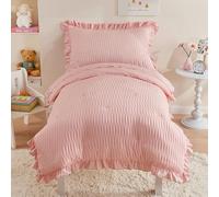 Cozyholy Set di biancheria da letto per bambine in tessuto seersucker, 4 pezzi, rosa con volant, leggero, include piumone, lenzuolo piatto, lenzuolo con angoli, federa