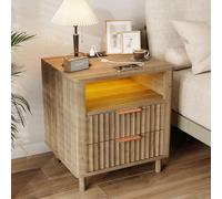 CozyMine Comodino con stazione di ricarica, comodino scanalato con 2 cassetti, comodino moderno in legno con ripiano aperto, design a profilo curvo, tavolino per camera da letto, soggiorno, ufficio,