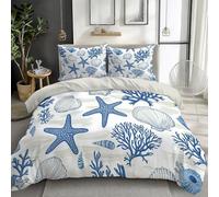 CozyRest Copripiumino 200 x 200 cm Matrimoniale Reversibile Policotone con Stampa Stella Marina Blu Corallo Conchiglie, Set Biancheria da Letto da 3 Pezzi con Cerniera e 2 Federe 50 x 80 cm,