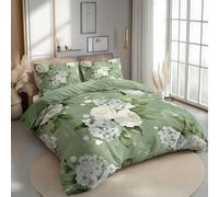 CozyRest Copripiumino Singolo 150 x 200 cm- Stile Vintage Rose e Ortensie Verde chiaro Set Parure Copripiumino in Cotone poliestere 3 Pezzi con 2 Federa 50x75CM cme Chiusura a Cerniera