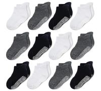 CozyWay Calzini in stile caviglia non slip con pinze, 12 pacchetti per bambini e ragazze, bianco nero e grigio scuro, 1-3 anni
