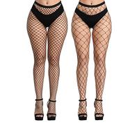 CozyWow Collant a rete da donna elastico per scavare fuori a vita alta rete da pescatore collant deliziosi giarrettiera coscia calze alte per donne, Nero-medio+grande foro, Taglia unica