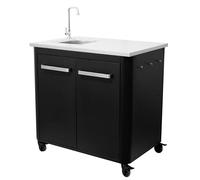 cozze Tavolo da cucina esterno L900 con lavello in acciaio e rubinetto, piano di lavoro in inox, carico massimo 100 kg, ruote robuste e portasacchetti per rifiuti, L900 x D600 x H900 mm