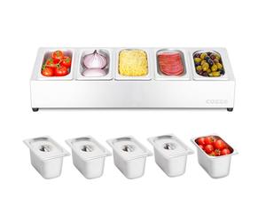 Cozze® stazione topping in acciaio inox, 5 scomparti con coperchi, contenitore ingredienti per pizza e cucina, 600×195×135 mm, facile da pulire