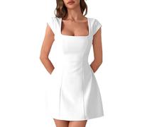 CPIDAH Abito Laurea Donna Tinta Unita, Vestito Mini con Scollo Squadrato E Maniche Corte, Gonna Ampia Canottiera Elegante per Cerimonia Fine Anno Bianco XS