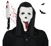 CPKONUUIP Maschera Ghostface per Halloween con Coltello, 2 Versioni: Kit 3PCS con Guanti e Kit 2PCS con Lingua Horror, per Case Infestate, per case infestate, Halloween, carnevali e giochi di ruolo