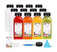 Cpolebev 12 Bottiglie di Succo di Plastica da 12 Once con Tappi Antimanomissione, Contenitori di Succo Trasparenti Riutilizzabili con Etichette, Imbuto e Pennello