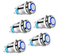 Cpolebev 5PZ 12Mm Interruttore Un Pulsante Un Scatto con Cappuccio Rotondo Alto, Interruttore Un Pulsante nel Metallo Impermeabile con Luce Blu 12V / 24V