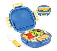 Cpolebev Bento Box per Bambini In Acciaio Inossidabile, A Prova di Perdite, con 3 Scomparti e, per Bambini da 1 A 3, Blu
