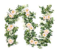 Cpolebev Confezione da 2 Ghirlande di Eucalipto con Rosa Champagne, Ghirlanda Verde Sfuso Foglie di Eucalipto Floreale di Seta Artificiale (B)